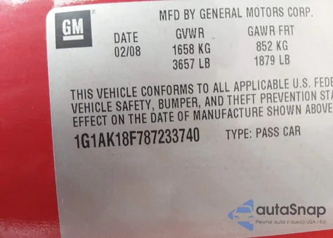 2008 Chevrolet Cobalt Ls from USA, damaged, VIN 1G1AK18F787233740